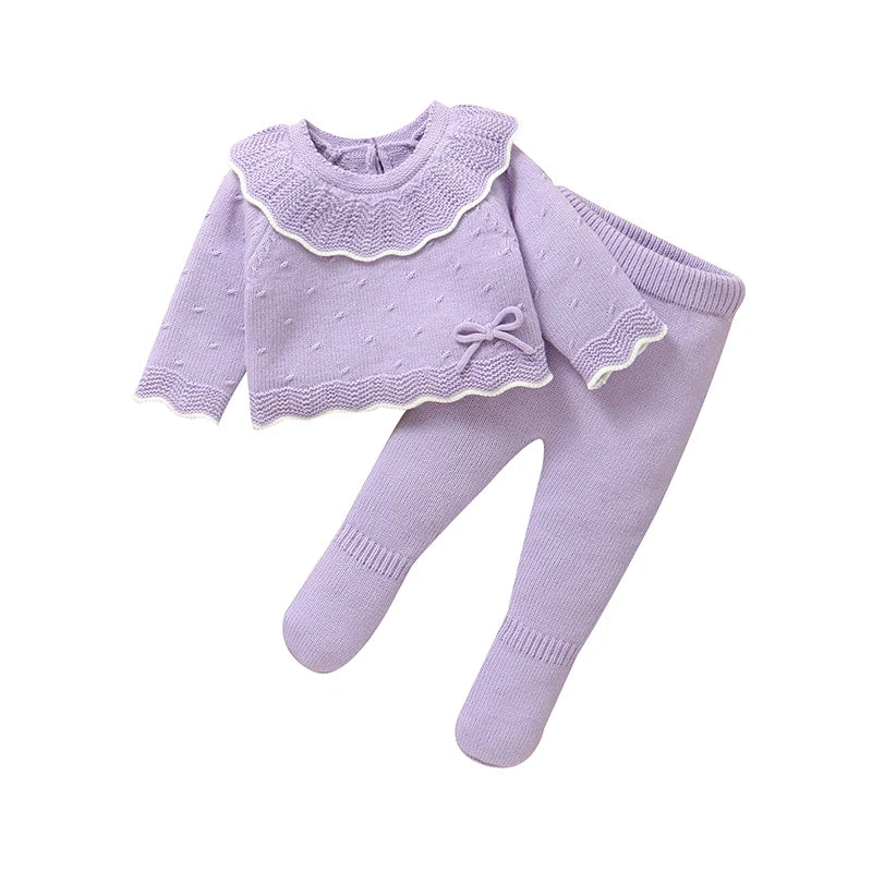 Lavender 2-piece infant sweater and leggings set with scalloped ruffle and bow