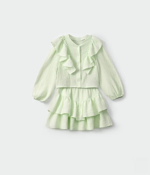 Mint green ruffle smock shirt and tiered skirt set with long sleeves and button placket