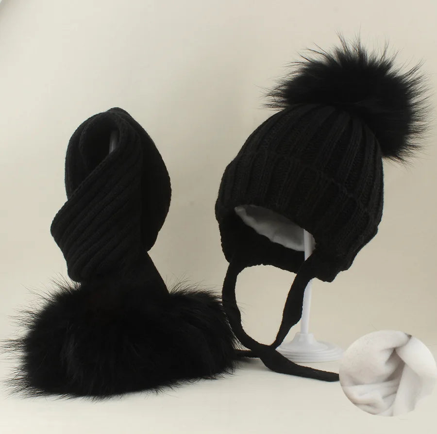 Raccoon Hat & Scarf Set Black Single Pom