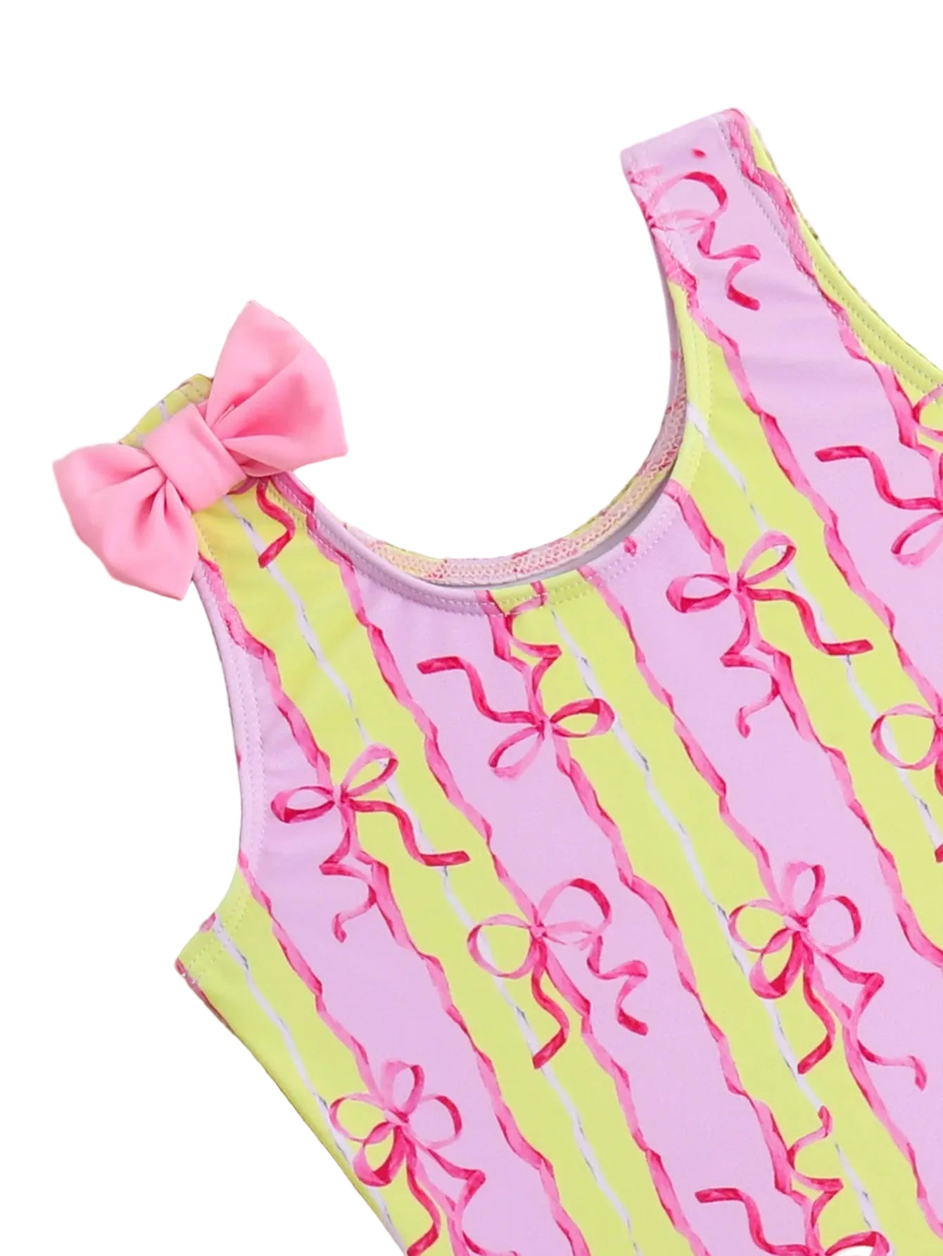 Girls Bow Print Swimsuit with Frill Skirt – Pink & Lime (4–8 Years) *Preorder