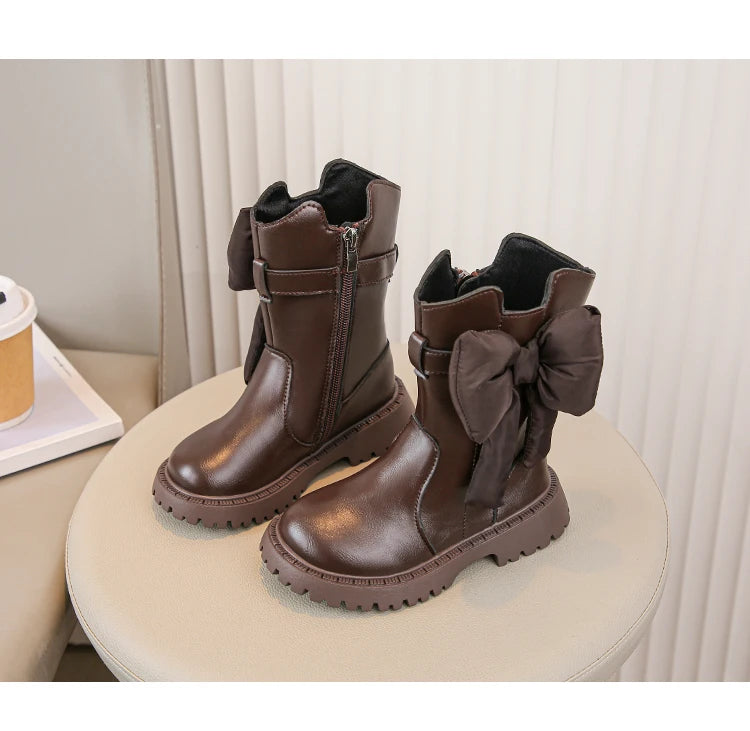 Girls Mid Calf Brown Bow Boots