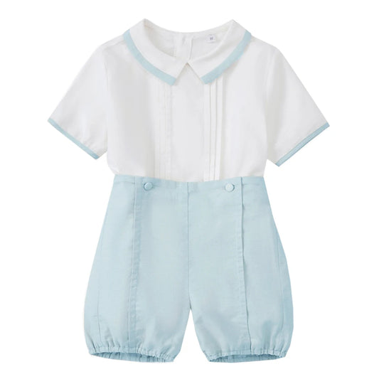 Classic boys blue and white short set with Peter Pan collar and tailored shorts. Perfect for special occasions and timeless styling.