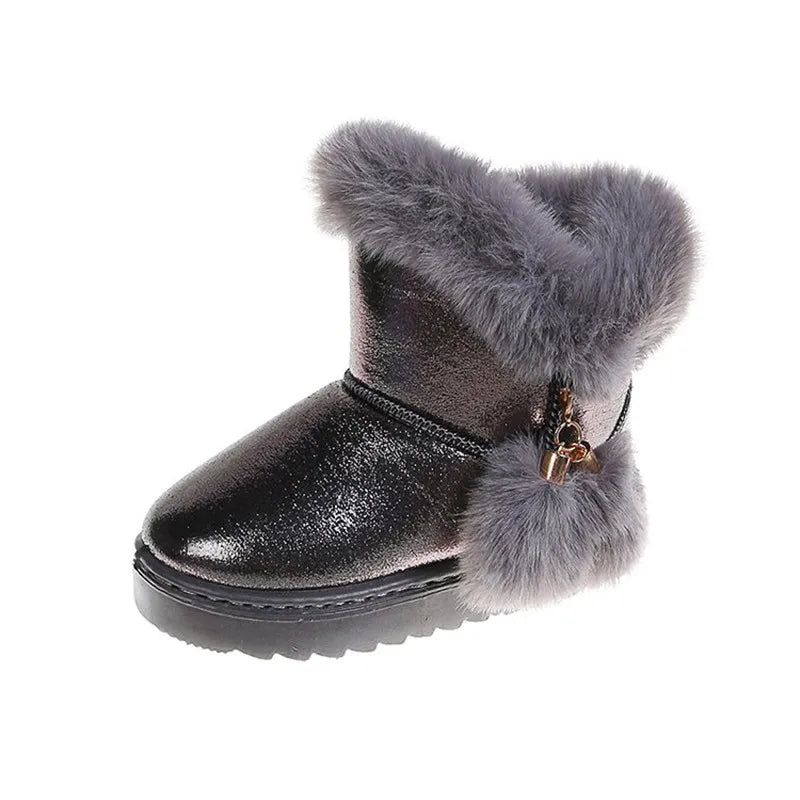 Girls Grey Faux Fur Pom Pom Boots