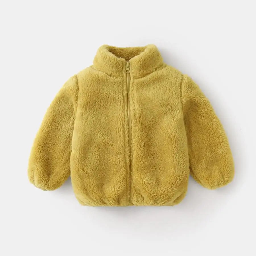 Girls teddy fleece zip jacket in mustard yellow with stand collar and zipper front