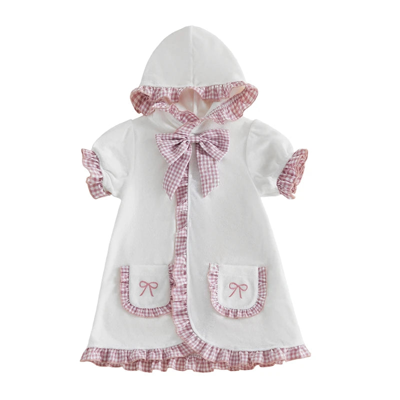 Girls swim cover-up dress in white with pink gingham bow, hood and pocket trim