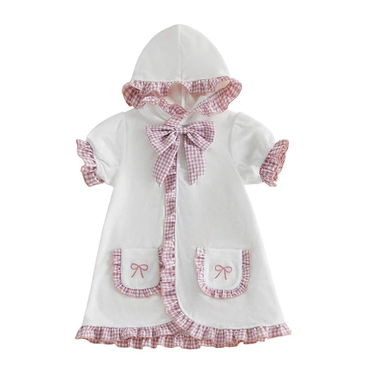 Girls swim cover-up dress in white with pink gingham bow, hood and pocket trim