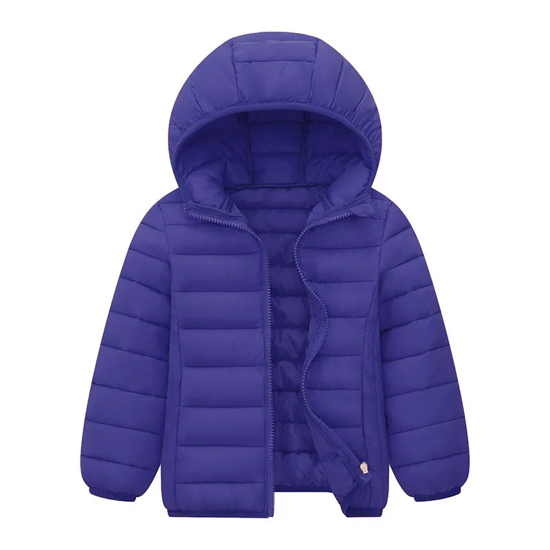 Kids hooded ultralight puffer jacket with full-zip front, blue duck-down style insulation