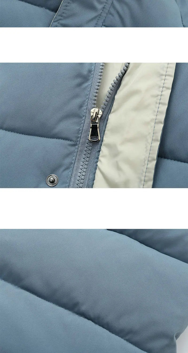 Kids blue puffer parka close-up of front zipper and snap button