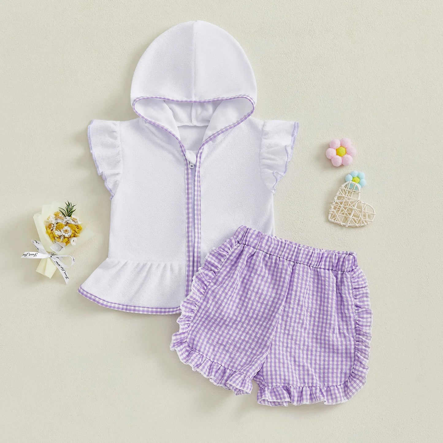 Girls’ Summer Beach Lilac Clothes Set – Short Sleeve Hood Top & Ruffled Plaid Shorts (1–5 Years) *Preorder