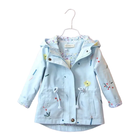 Children's light blue jacket with floral pattern on a pink background