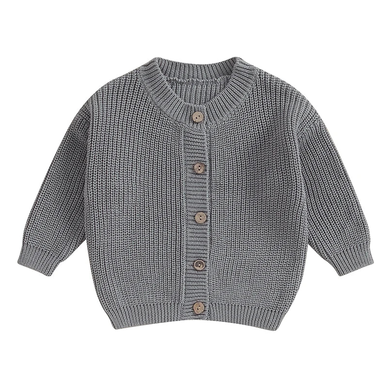 Boys knitted cardigan in gray, full button front and ribbed collar and cuffs