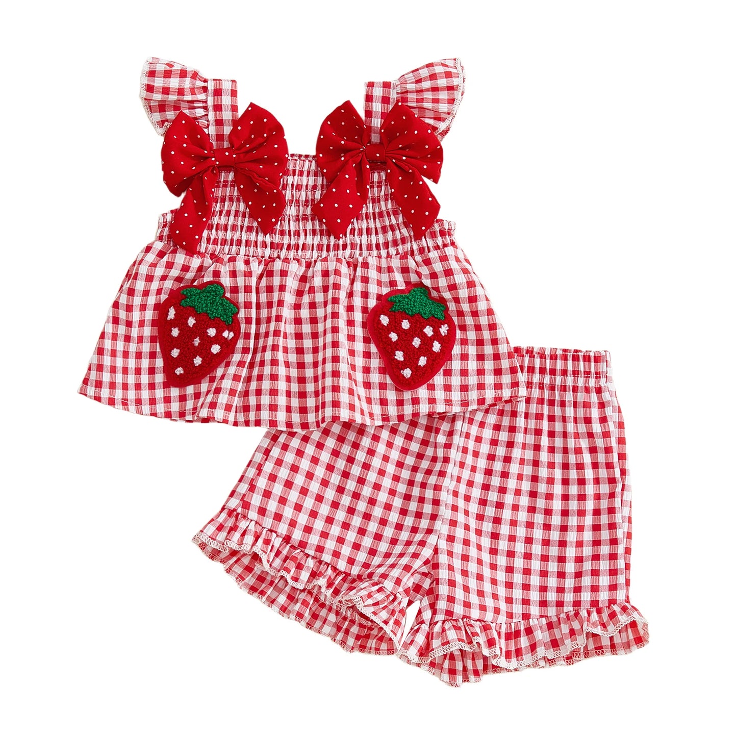 Girls Toddle Red Gingham Strawberry Bow Top & Shorts Set *Online Product