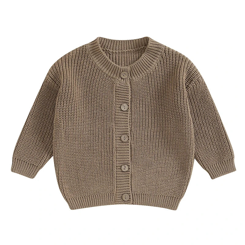 Boys knitted cardigan in khaki, long button placket with ribbed neckline and hem