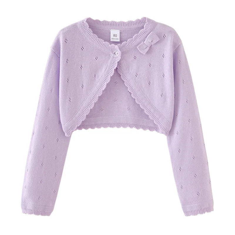 Kids knit cardigan, lavender long sleeves, cropped with ruffle wrap front and button