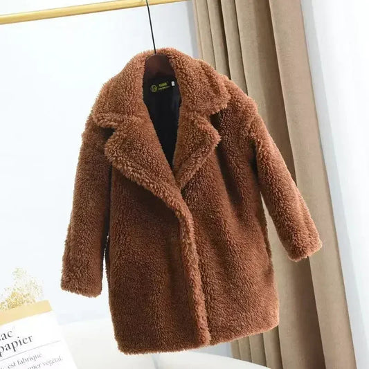 Girls Faux Fur Long Coat Brown
