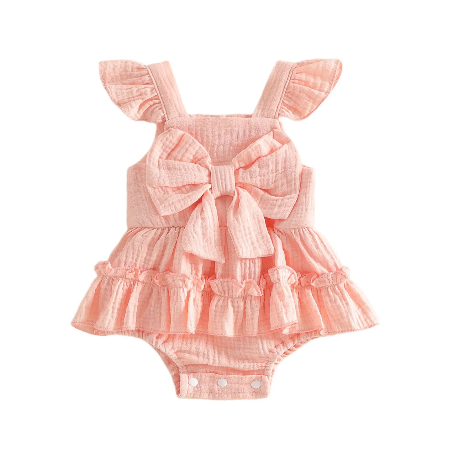 Baby girl bow frill romper in blush pink, with large center bow