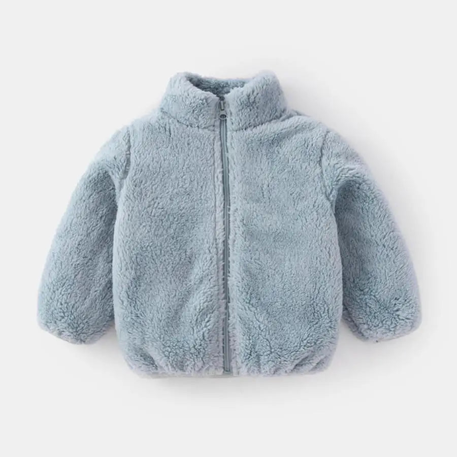 Girls teddy fleece zip jacket in light blue with front zipper closure