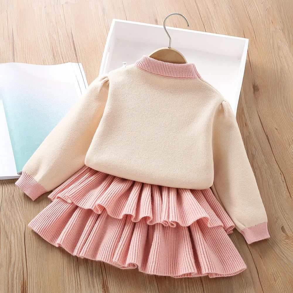 Girls Pink Knitted Skirt & Matching Jumper Set