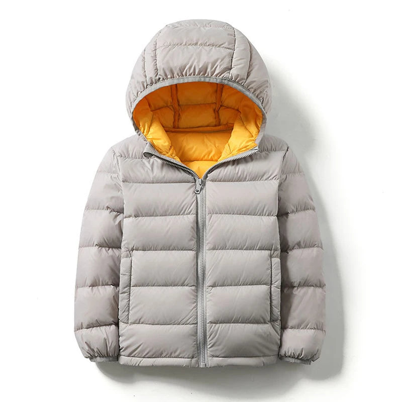 Kids duck down puffer jacket in light gray-beige, hood with orange inner lining