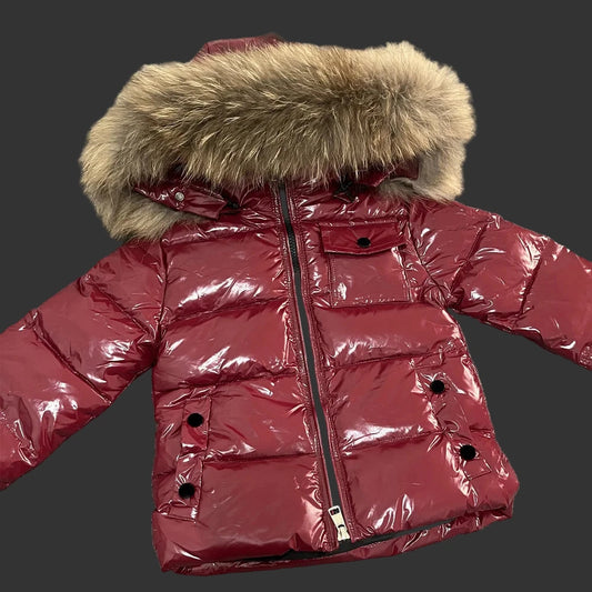 Winter Coat Red High Gloss finish Natural Racoon fur Hood