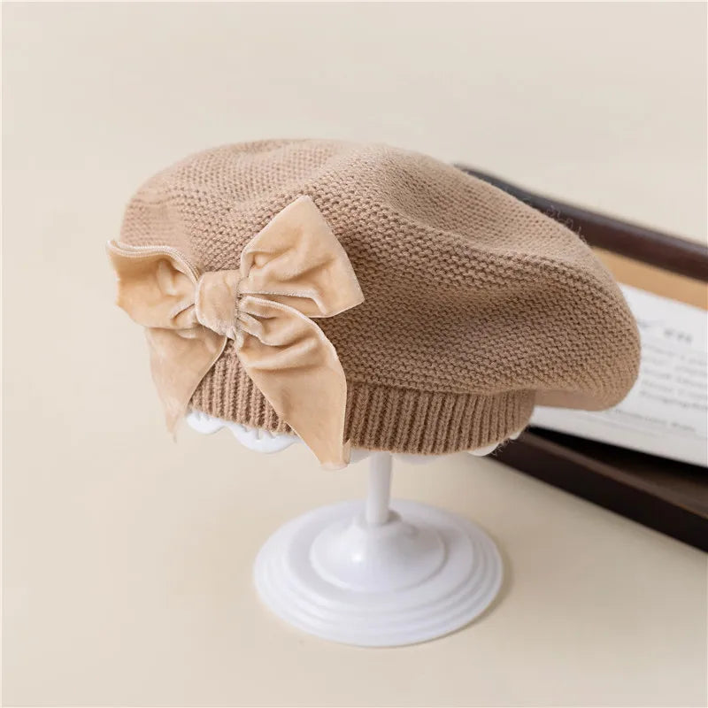 Girls Beret Hat Velvet Bow Beige