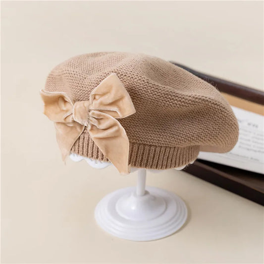 Girls Beret Hat Velvet Bow Beige