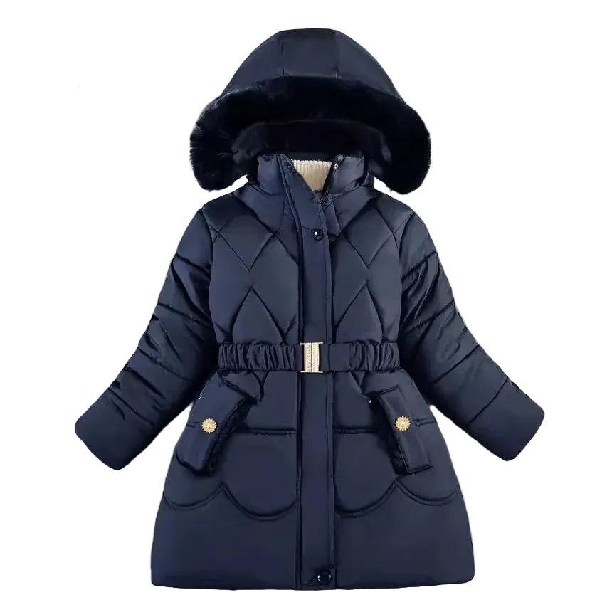 Girls navy hooded faux-fur puffer coat with belt, front button closure, side pockets