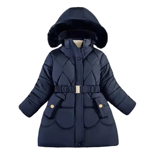 Girls navy hooded faux-fur puffer coat with belt, front button closure, side pockets
