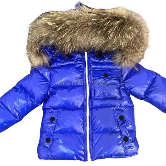 Winter Coat Blue High Gloss finish Racoon fur Hood