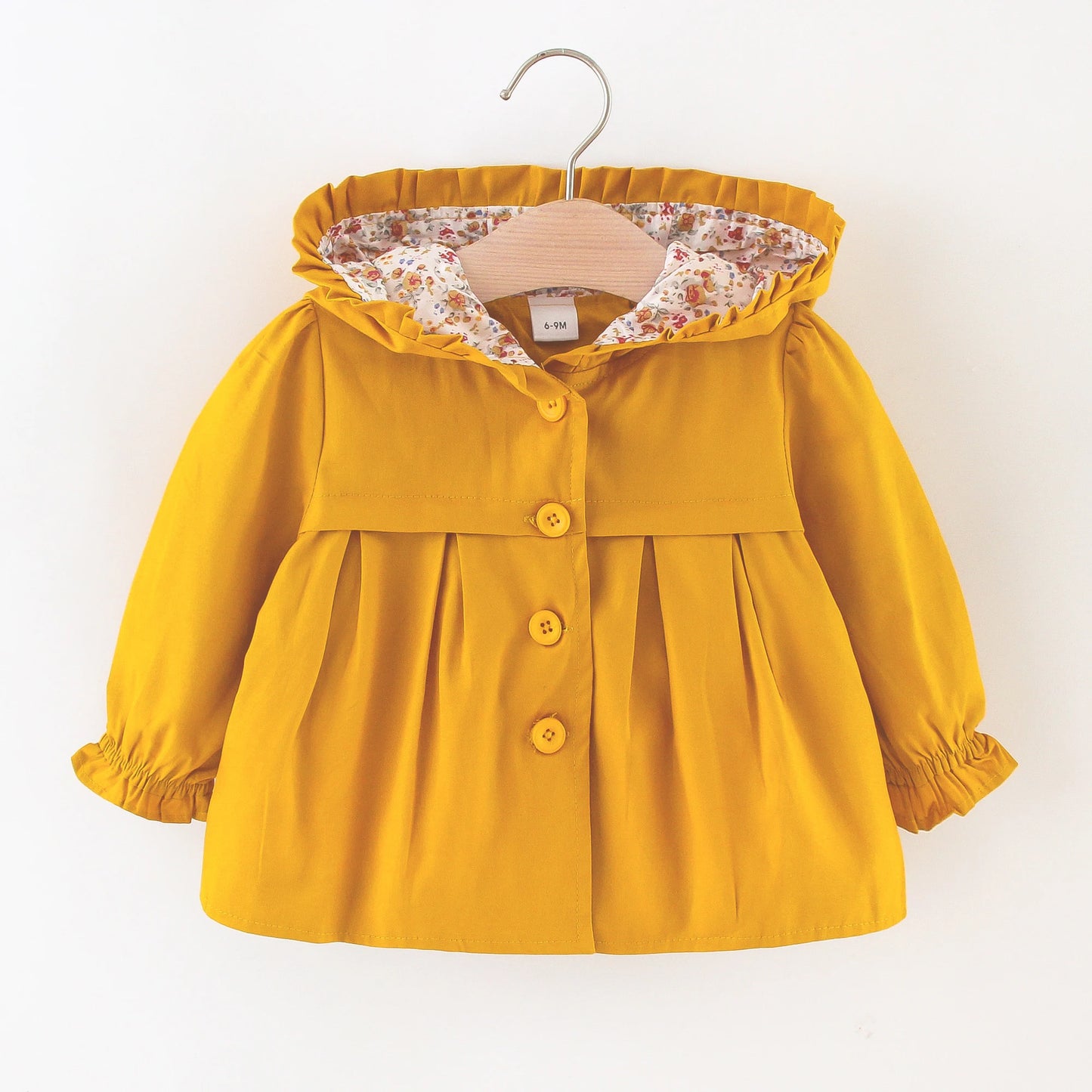 Yellow baby hooded jacket with floral-lined hood, snap-button front and cuffed sleeves