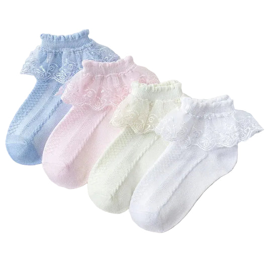 Set of four pastel-colored socks with lace details on a light background