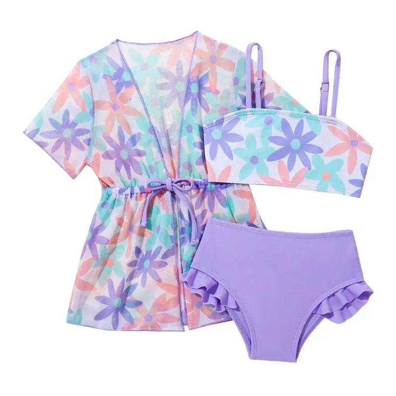 Girls 3-Piece Floral Swim Set with Kimono Cover-Up (1–3 Years) *Preorder