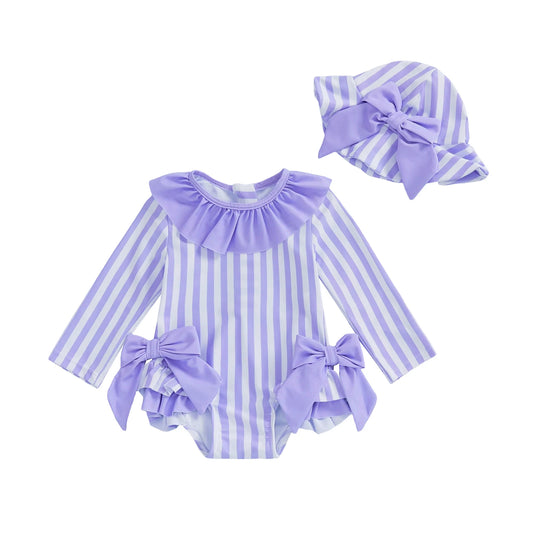 Purple and white striped baby romper with matching hat on a white background