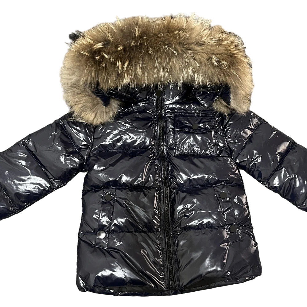 Winter Coat Black High Gloss finish Racoon fur Hood