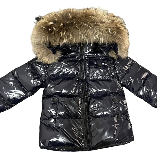 Winter Coat Black High Gloss finish Natural Racoon fur Hood