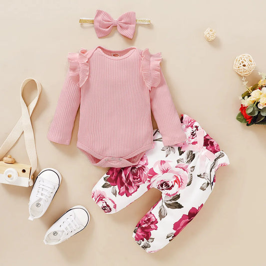 Baby Girl Frill Body Suit & Pants Set - Pink 'Floral' *