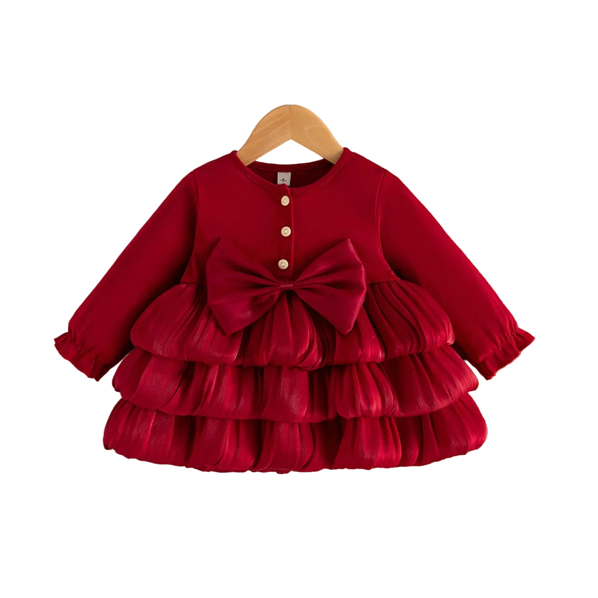 Red long-sleeve baby dress with gathered tiers and oversized waist bow