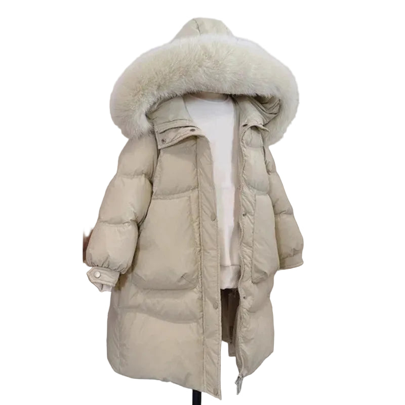 Girls cream/white hooded puffer coat with plush faux-fur hood trim, zip front and side pockets
