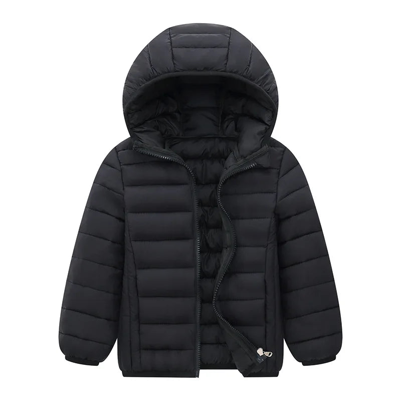 Kids duck down puffer jacket in dark black, hooded full-zip with inner drawcord