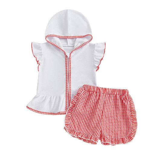 Girls’ Summer Beach Coral Clothes Set – Short Sleeve Hood Top & Ruffled Plaid Shorts (1–5 Years) *Preorder