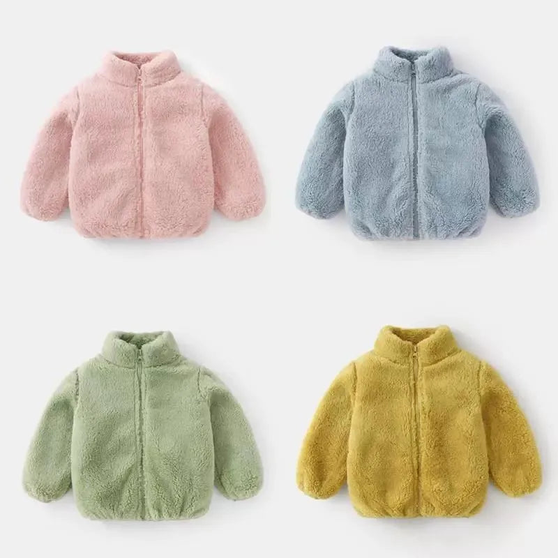 Girls teddy fleece zip jacket set in pink, light blue, sage green, and mustard