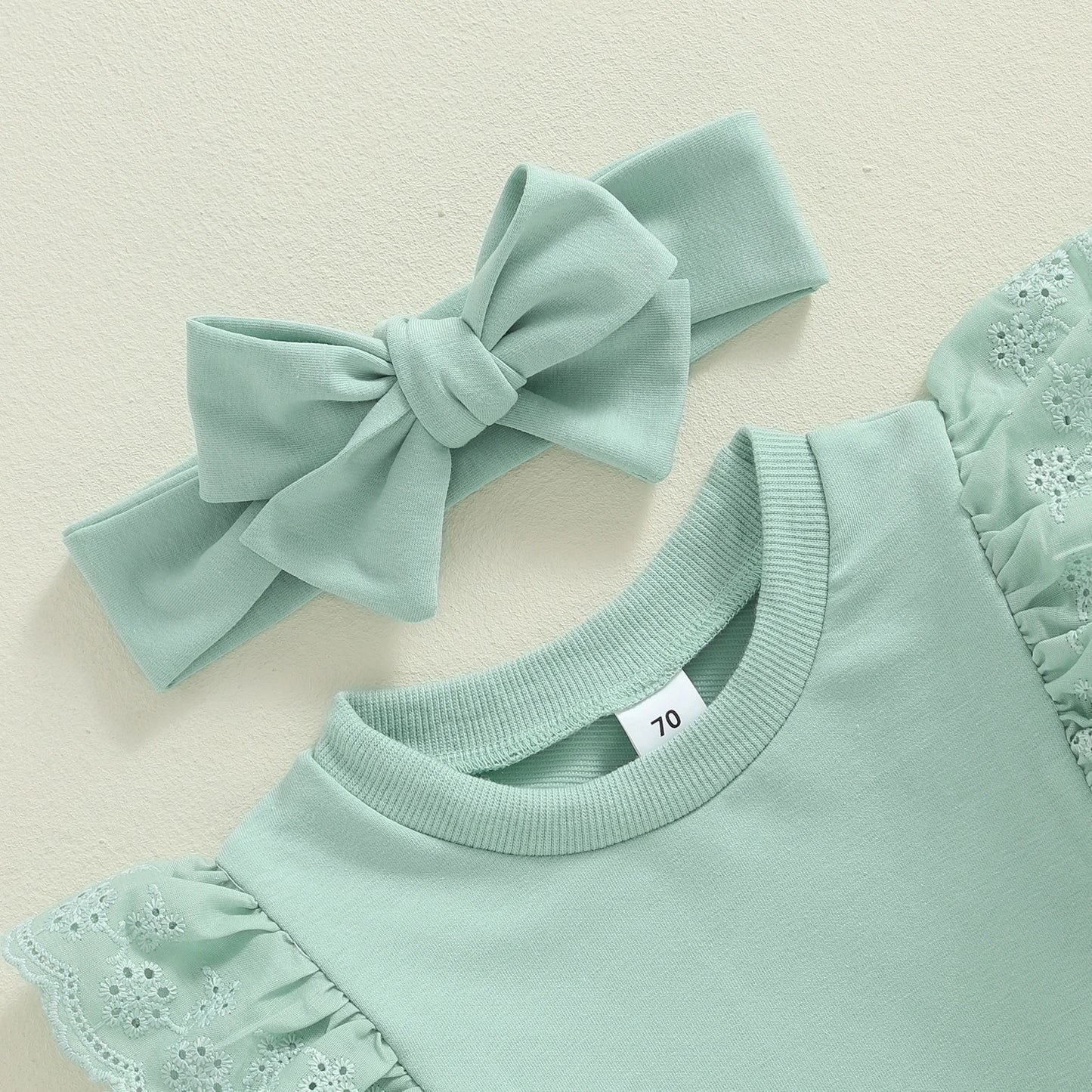 Girls Two Piece Frilled Jogger Set Mint Green with Headband