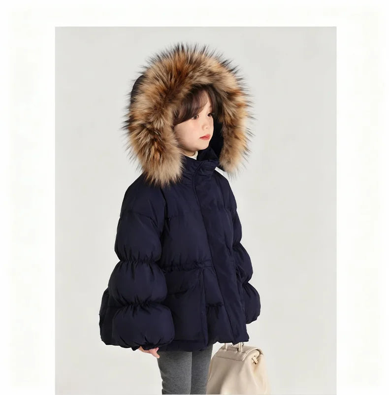 Girls Navy Blue Coat Natural Fur Hood