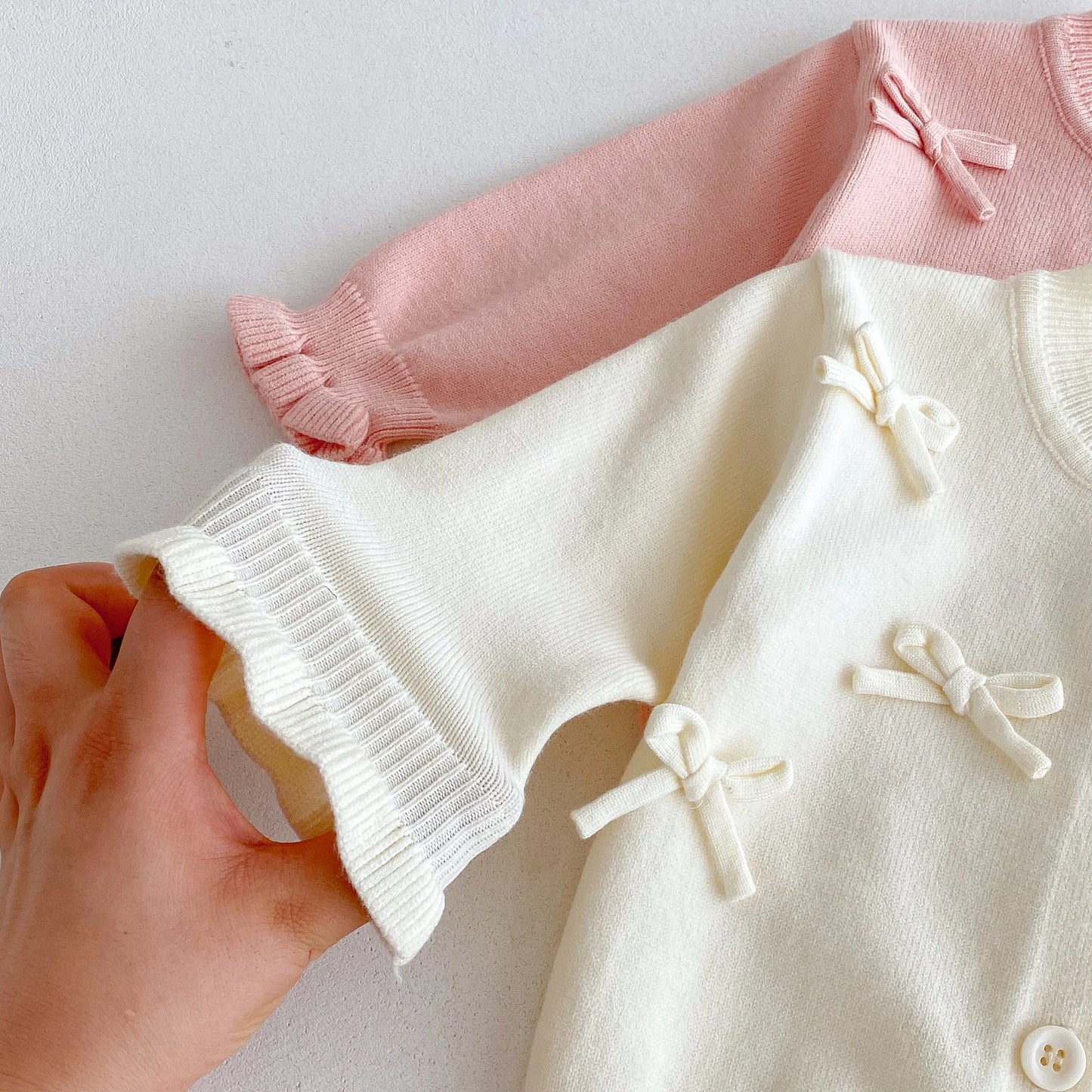 Baby Girls Bow Knit Cardigan – Pink & Cream *Online Product