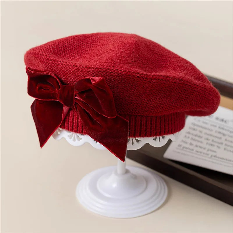 Girls Beret Hat Velvet Bow Red