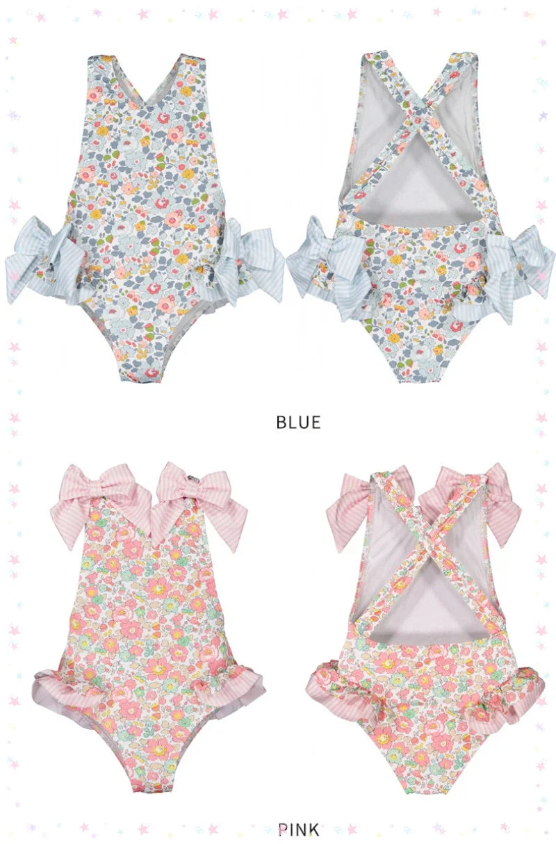 Girls Blue Floral Swimsuit with Bows & Crossover Back (2–7 Years) *Preorder