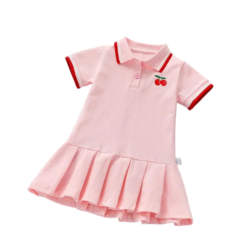 Girls cherry trim polo dress, soft pink with red-trim collar and cherry chest patch