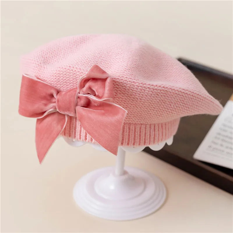 Girls Beret Hat Velvet Bow Pink