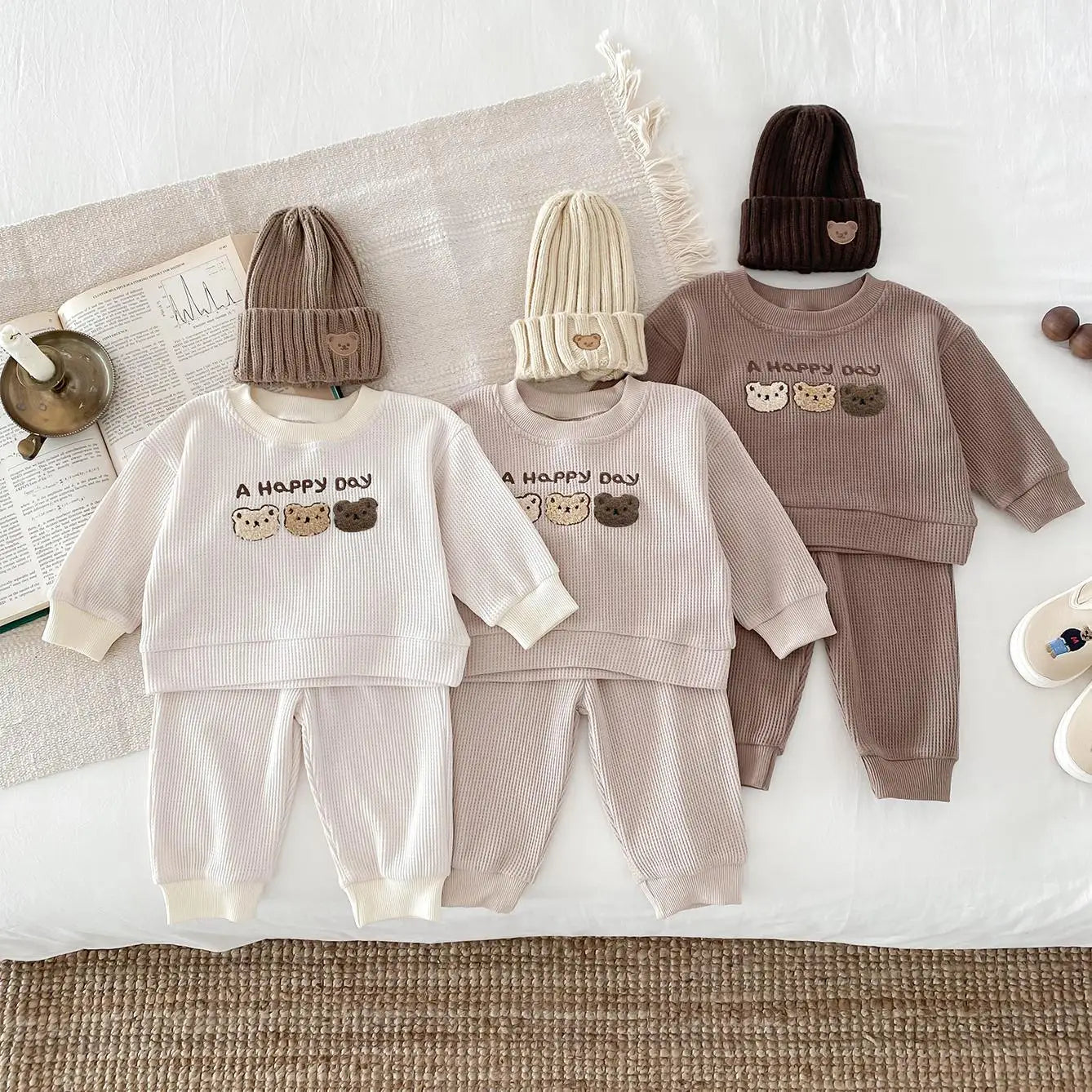 Toddler Waffle Bear beige two piece Tracksuit