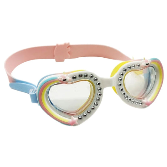 Pastel rainbow swimming goggles with shimmering diamante details, anti-fog lenses, UV protection, and an adjustable strap for a comfortable and secure fit.